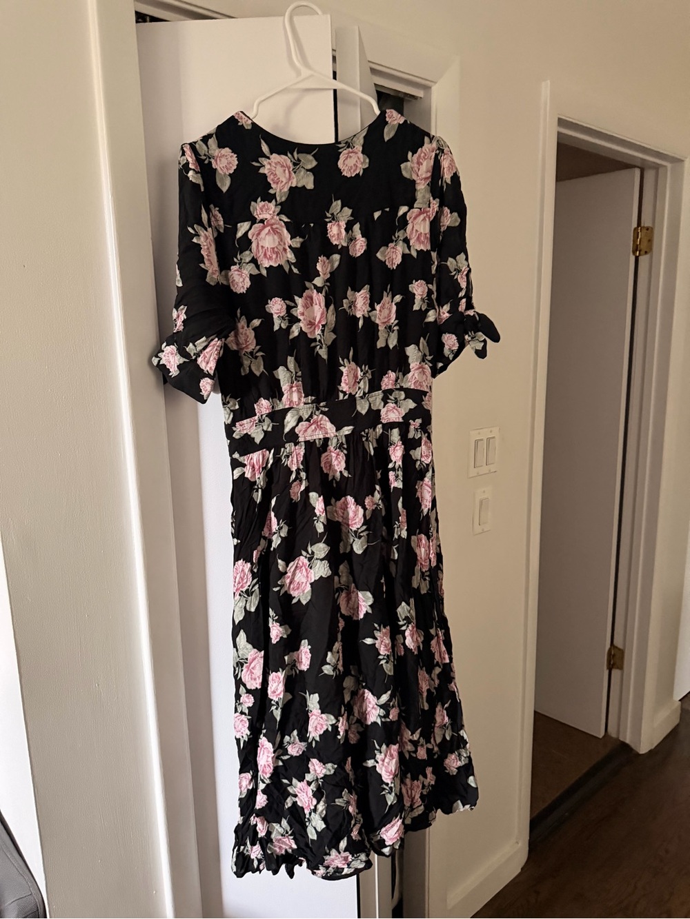 Black Reformation Floral Midi Dress with Pink Roses - Picture 5 of 5